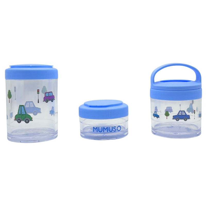 Mumuso 3-Tier Round Stackable Snack Box - Blue (Cartoon Vehicles)