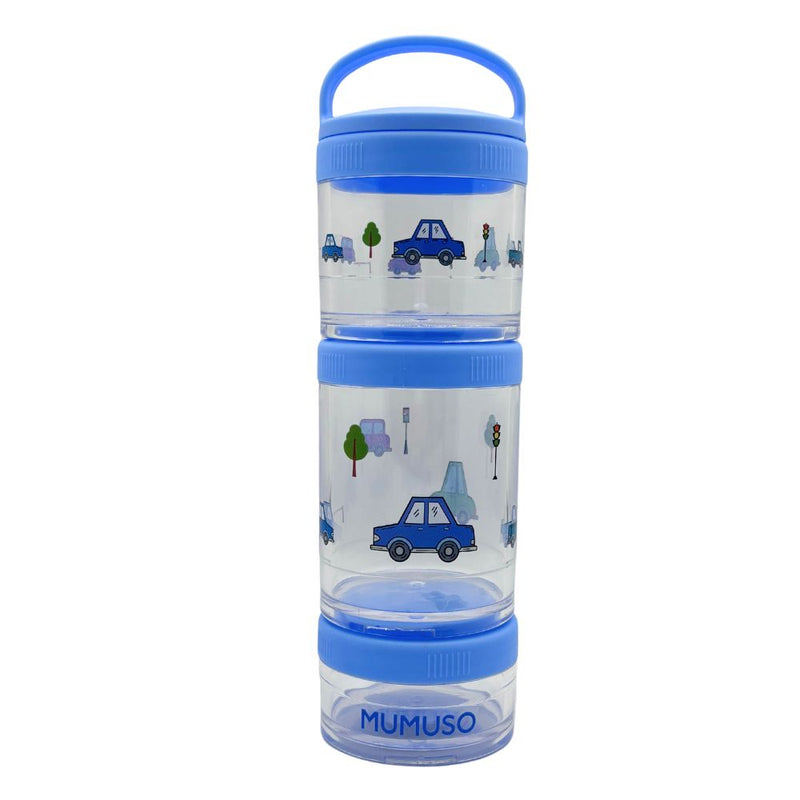 Mumuso 3-Tier Round Stackable Snack Box - Blue (Cartoon Vehicles)