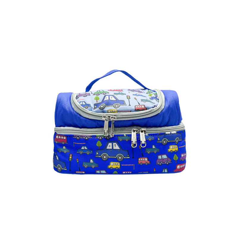 Mumuso Double-Layer Insulated Lunch Bag - Cartoon Vehicles (Blue)