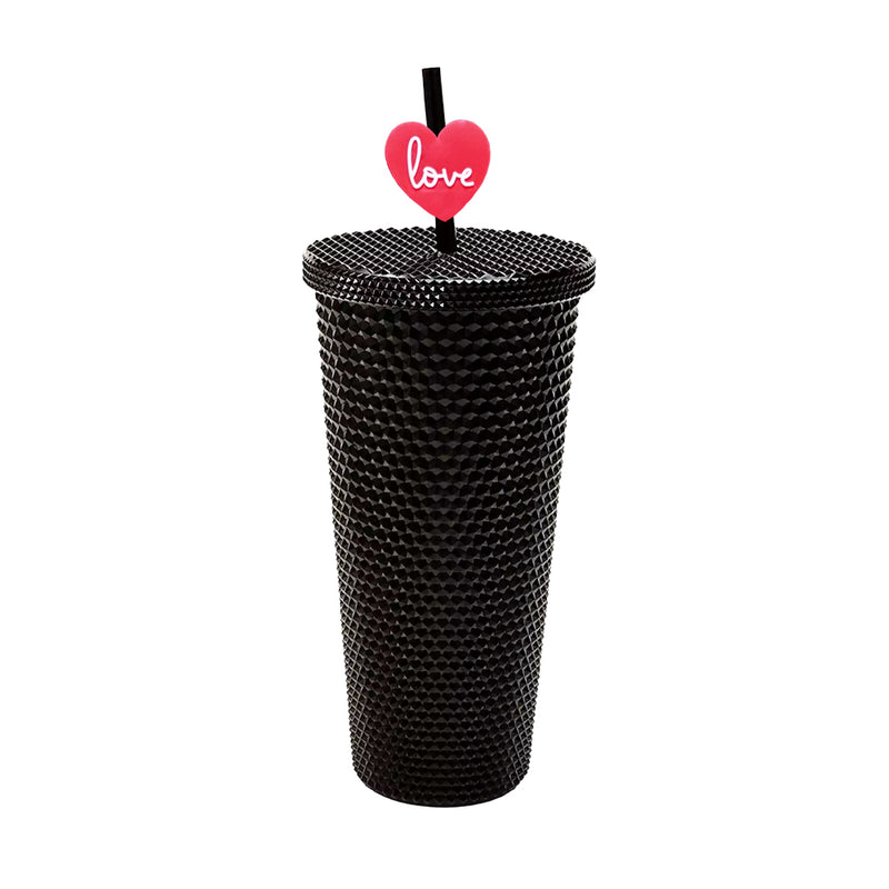 Mumuso Studded Tumbler with Lid & Straw - Black (700ml)