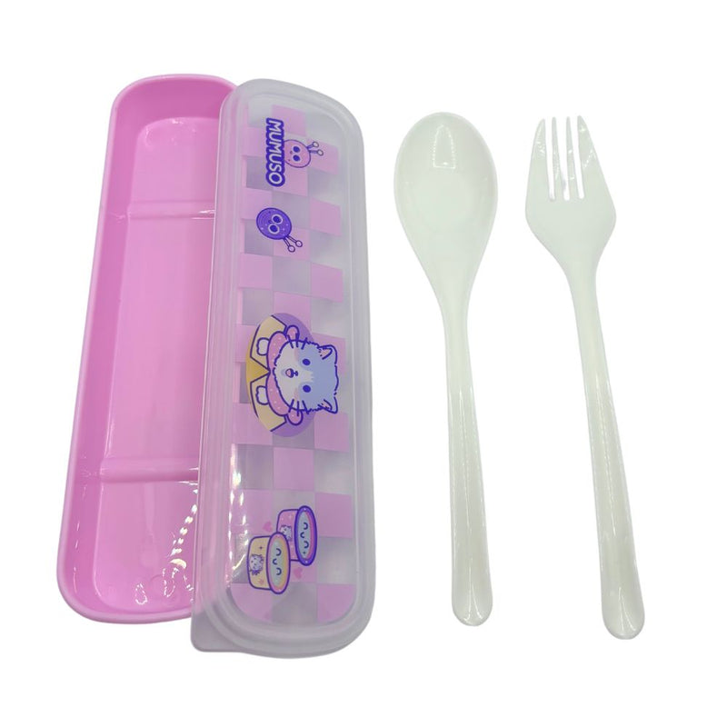 Mumuso 2-Piece Plastic Flatware Set - Pink (Cute Cat)