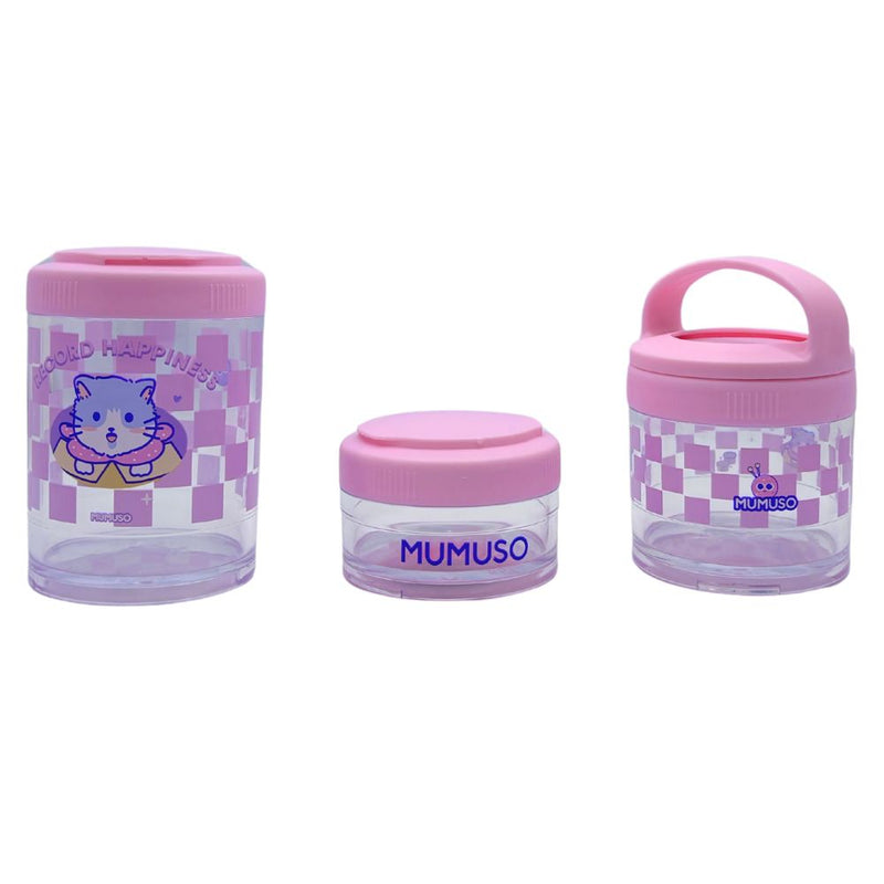 Mumuso 3-Tier Round Stackable Snack Box - Pink (Cute Cartoon)