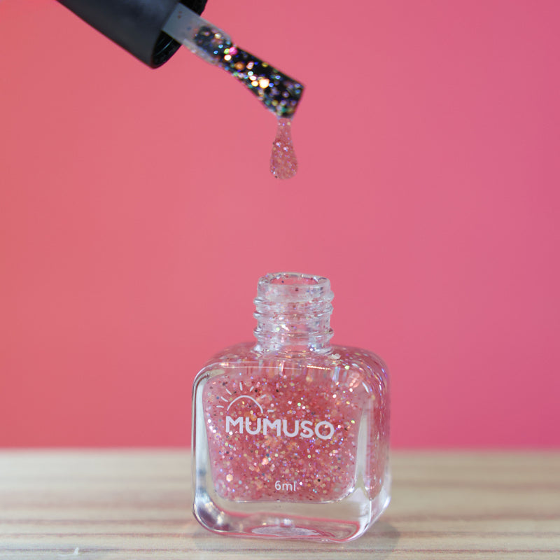 Mumuso Nail Polish With Sequins - Pink (Square Bottle)