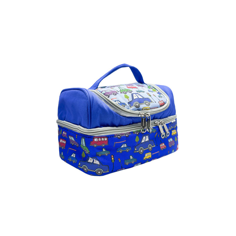 Mumuso Double-Layer Insulated Lunch Bag - Cartoon Vehicles (Blue)