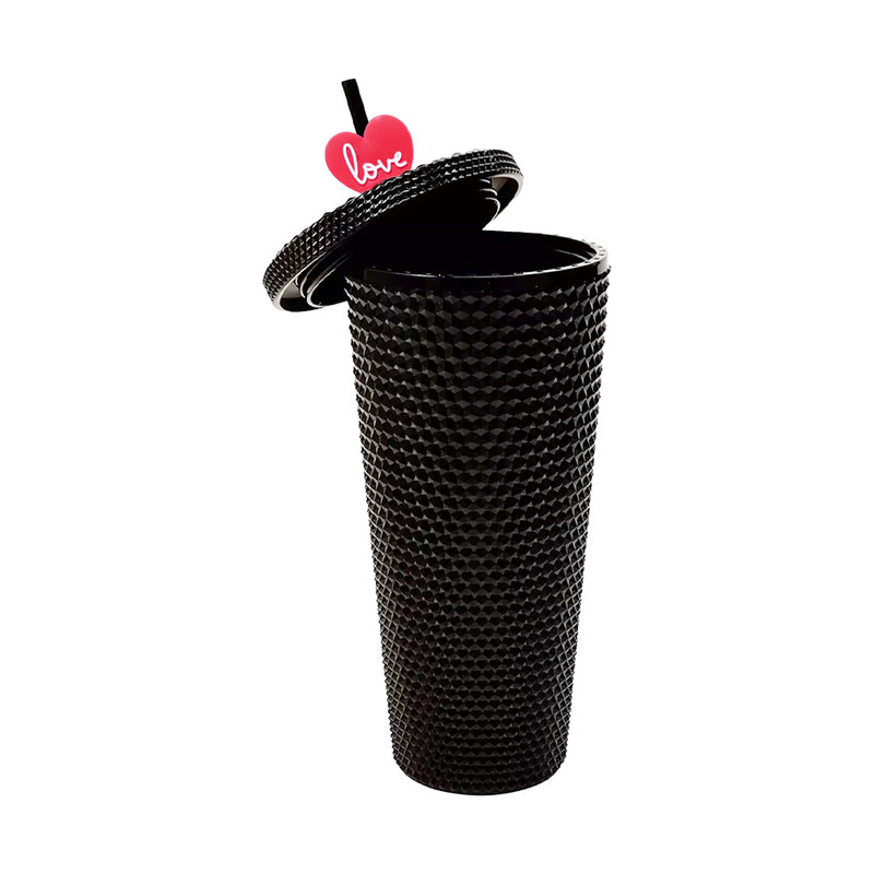 Mumuso Studded Tumbler with Lid & Straw - Black (700ml)