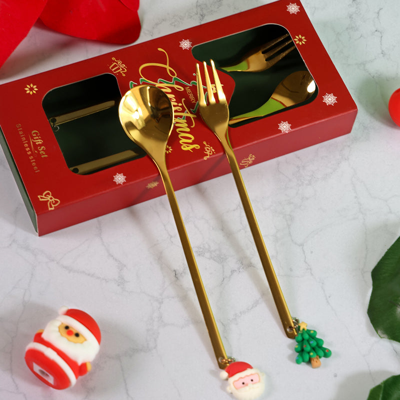 Mumuso Stainless Steel Spoon & Fork Set (Resin Santa Claus & Christmas Tree)