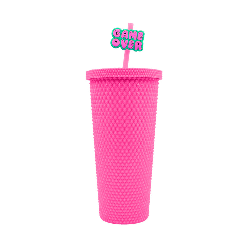 Mumuso Studded Tumbler with Lid & Straw - Rose Red (700ml)