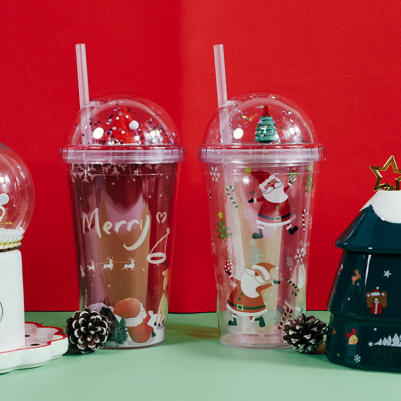 Mumuso Christmas Plastic Tumbler With Dome Lid  & Straw (Chirstmas Hat/450 ML)