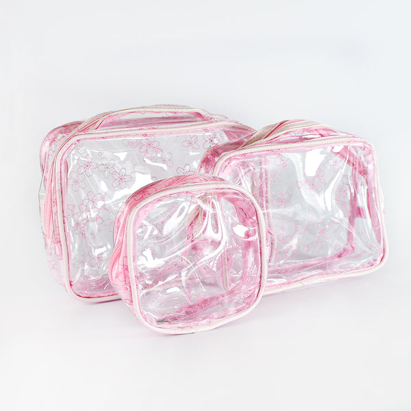 Mumuso 3-Piece Transparent Makeup Bag Set - Cherry Blossom