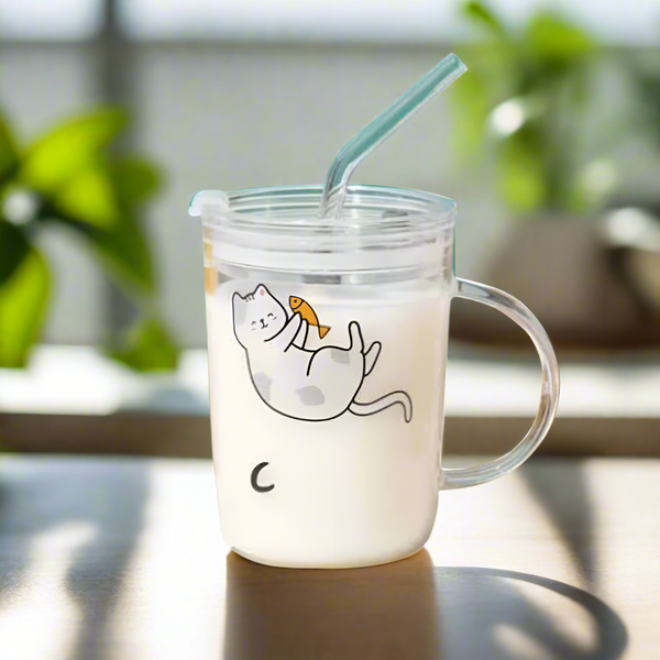 Mumuso Transparent Glass Cup With Cat Design And Lid Cover