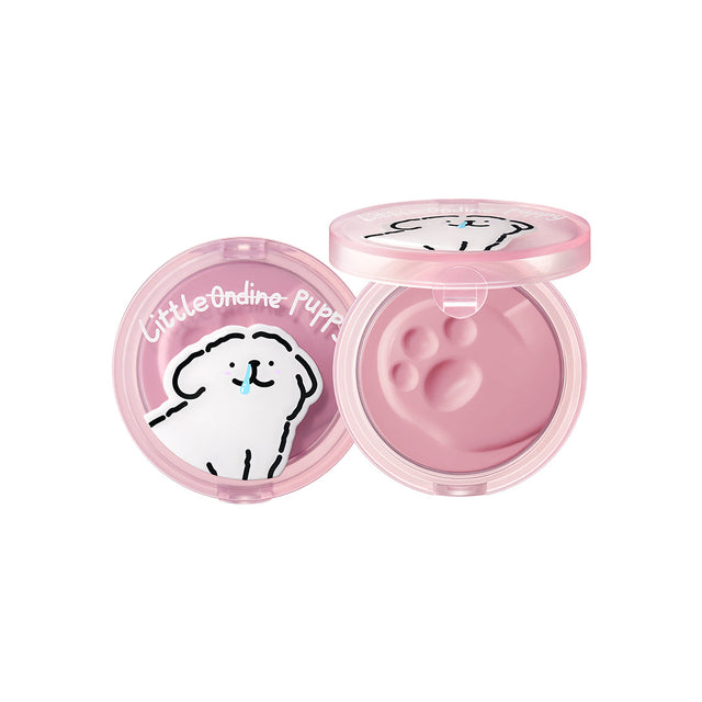 Little Ondine Cream Blush open pink compact with a paw-shaped impression and illustrated lid