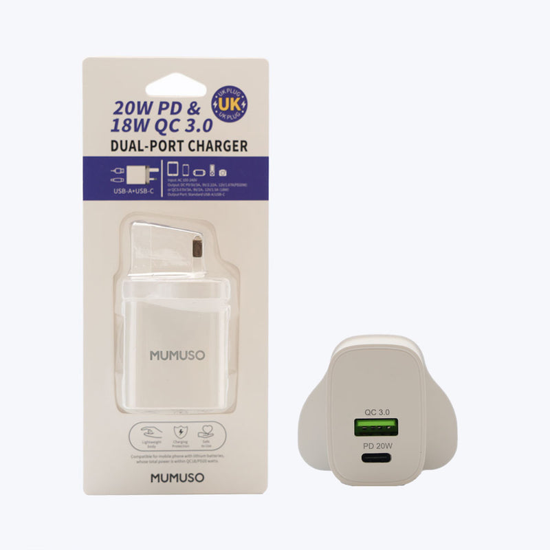 Mumuso Dual Port Fast Charging Adapter With UK Plug 20w Pd & 18w USB - White