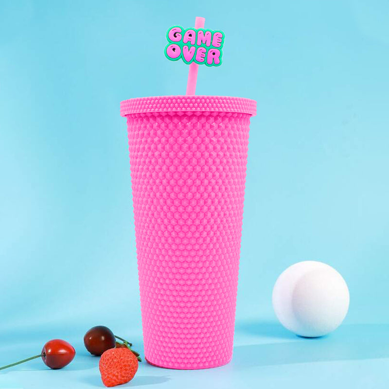 Mumuso Studded Tumbler with Lid & Straw - Rose Red (700ml)