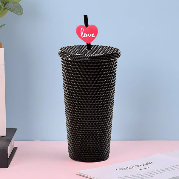 Mumuso Studded Tumbler with Lid & Straw - Black (700ml)