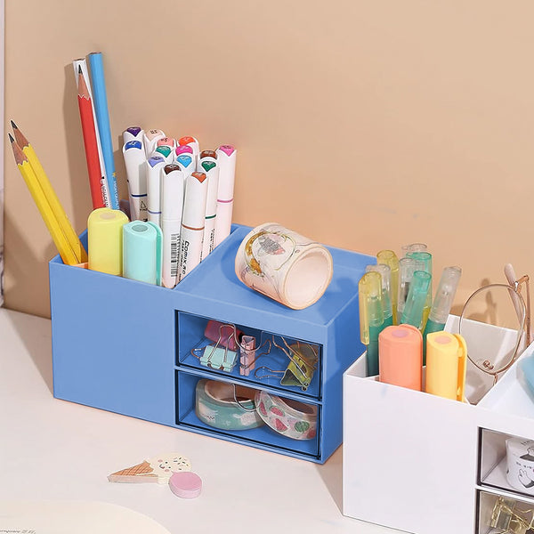Mumuso Desk Storage Organizer with 2 Drawers - Cartoon Vehicles (Blue)