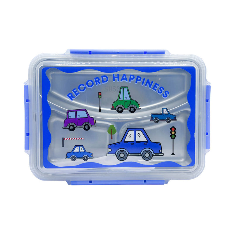 Mumuso 3-Compartment Stainless Steel Lunch Box - Cartoon Vehicles (Blue)