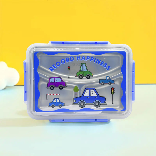 Mumuso 3-Compartment Stainless Steel Lunch Box - Cartoon Vehicles (Blue)