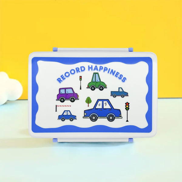 Mumuso 5-Compartment Plastic Lunch Box - Cartoon Vehicles (Blue)