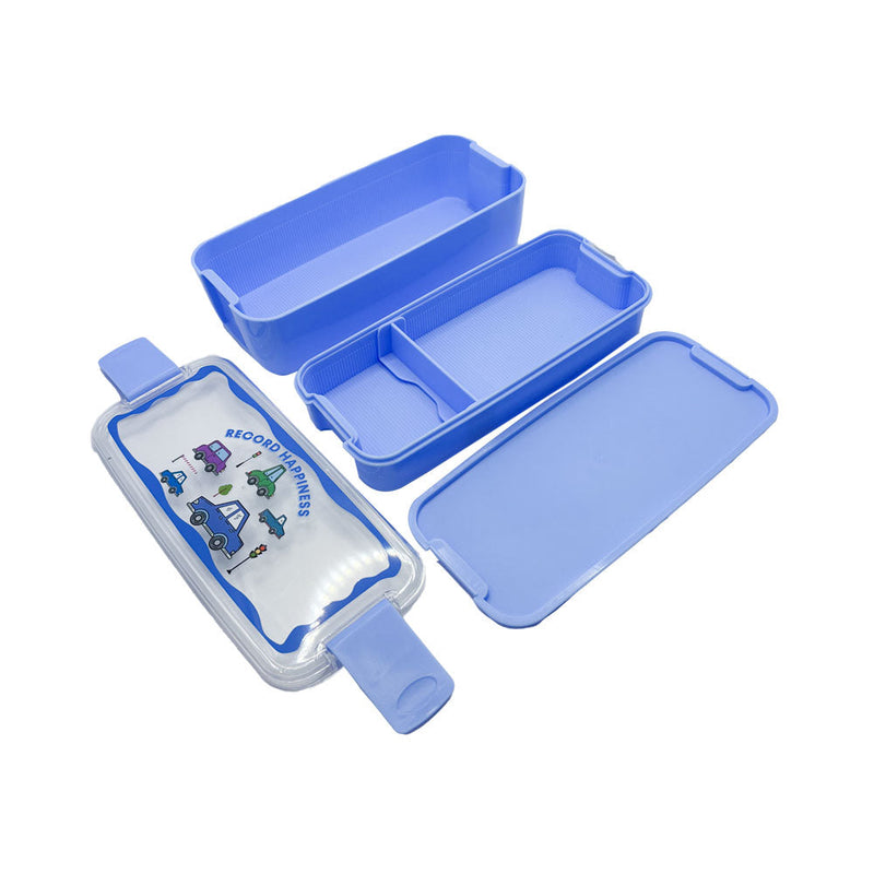 Mumuso 2-Tier Lunch Box - Cartoon Vehicles/Blue (750ml)