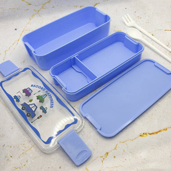 Mumuso 2-Tier Lunch Box - Cartoon Vehicles/Blue (750ml)