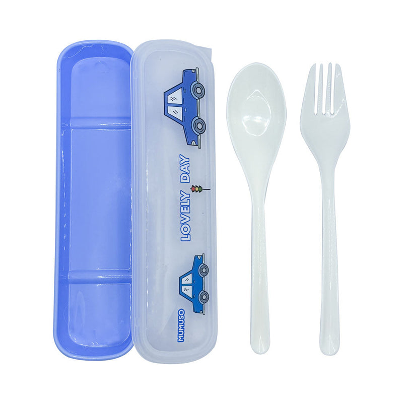 Mumuso 2-Piece Plastic Flatware Set - Cartoon Vehicles (Blue)