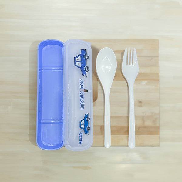 Mumuso 2-Piece Plastic Flatware Set - Cartoon Vehicles (Blue)