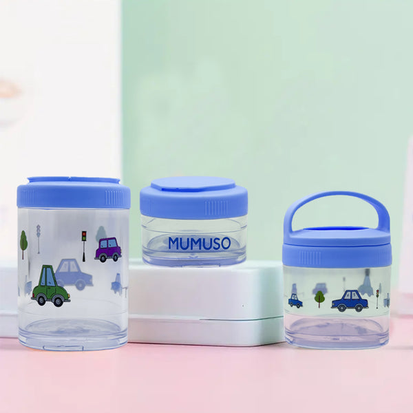 Mumuso 3-Tier Round Stackable Snack Box - Blue (Cartoon Vehicles)