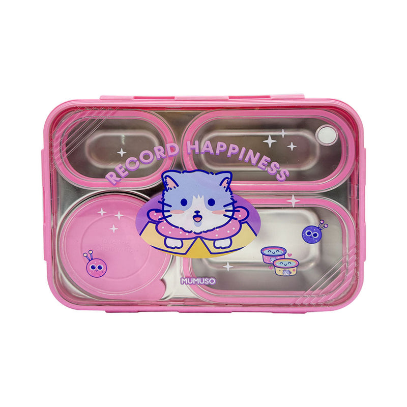 Mumuso 4-Compartment Stainless Steel Lunch Box with Soup Bowl  - Cute Cat (Pink)