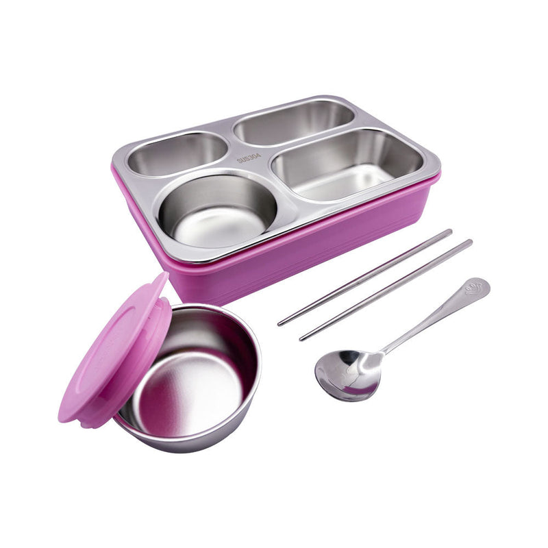 Mumuso 4-Compartment Stainless Steel Lunch Box with Soup Bowl  - Cute Cat (Pink)