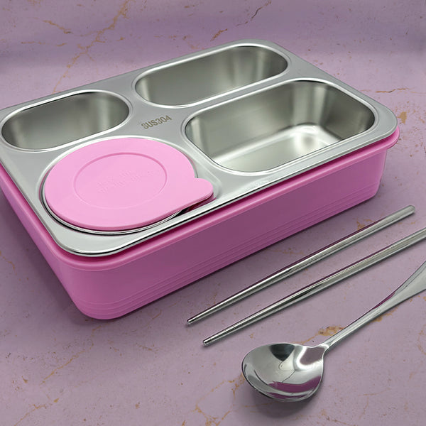 Mumuso 4-Compartment Stainless Steel Lunch Box with Soup Bowl  - Cute Cat (Pink)