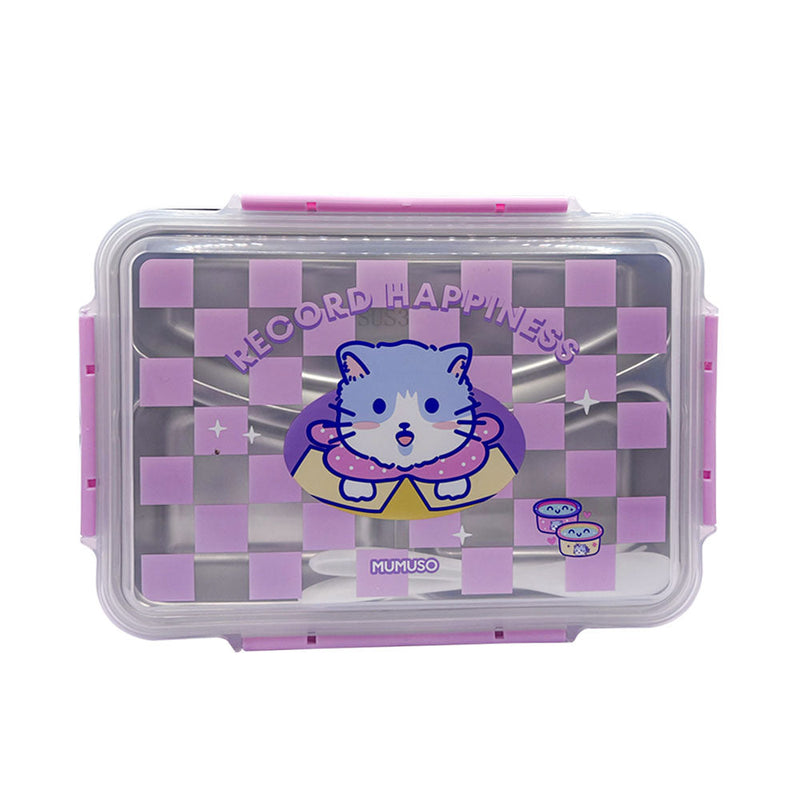 Mumuso 3-Compartment Stainless Steel Lunch Box - Cute Cat (Pink)