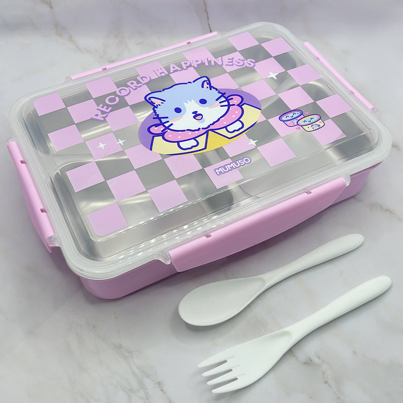 Mumuso 3-Compartment Stainless Steel Lunch Box - Cute Cat (Pink)