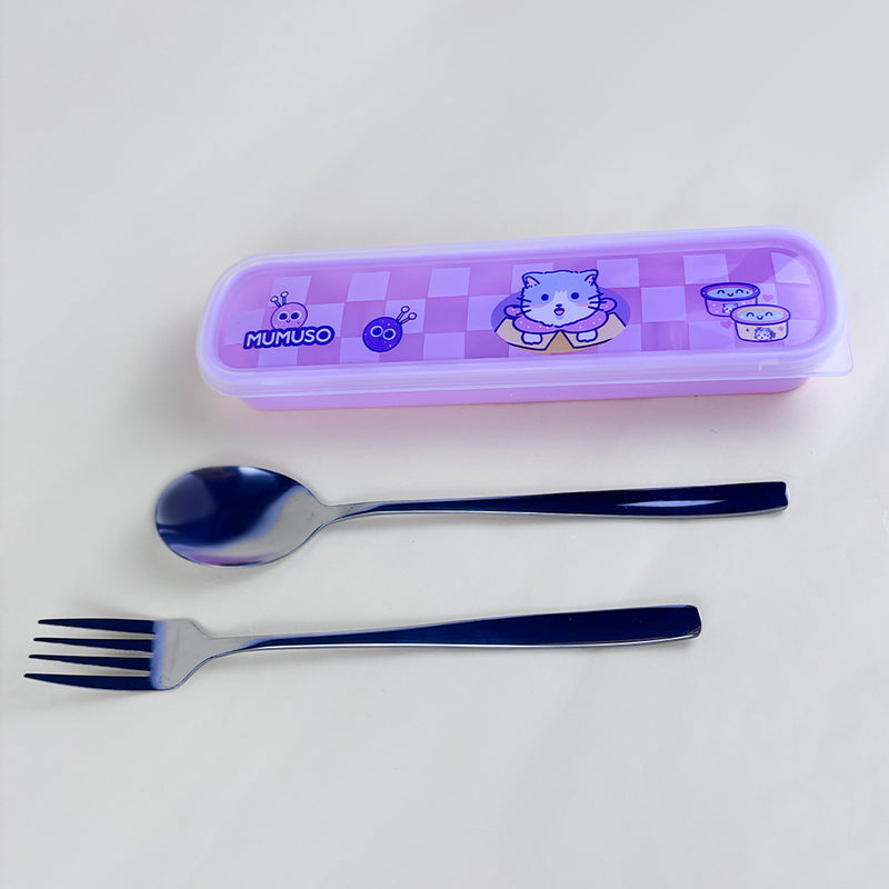 Mumuso 2-Piece Stainless Steel Flatware Set - Cute Cat (Pink)