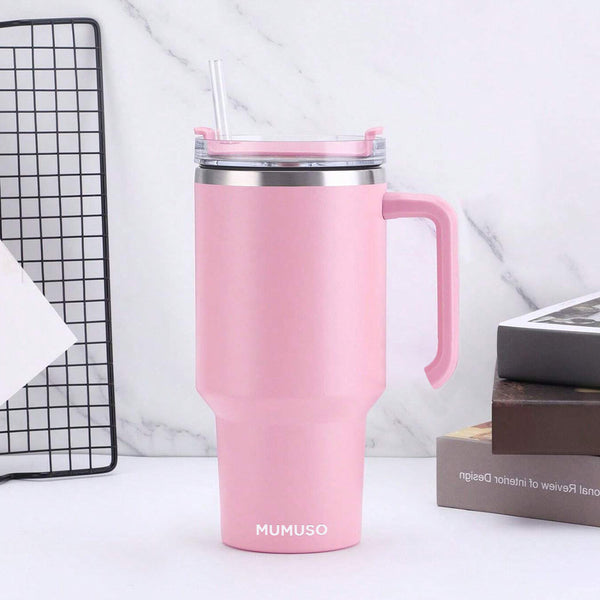 Mumuso Car Insulated Tumbler with Handle & Straw - Pink (600ml)