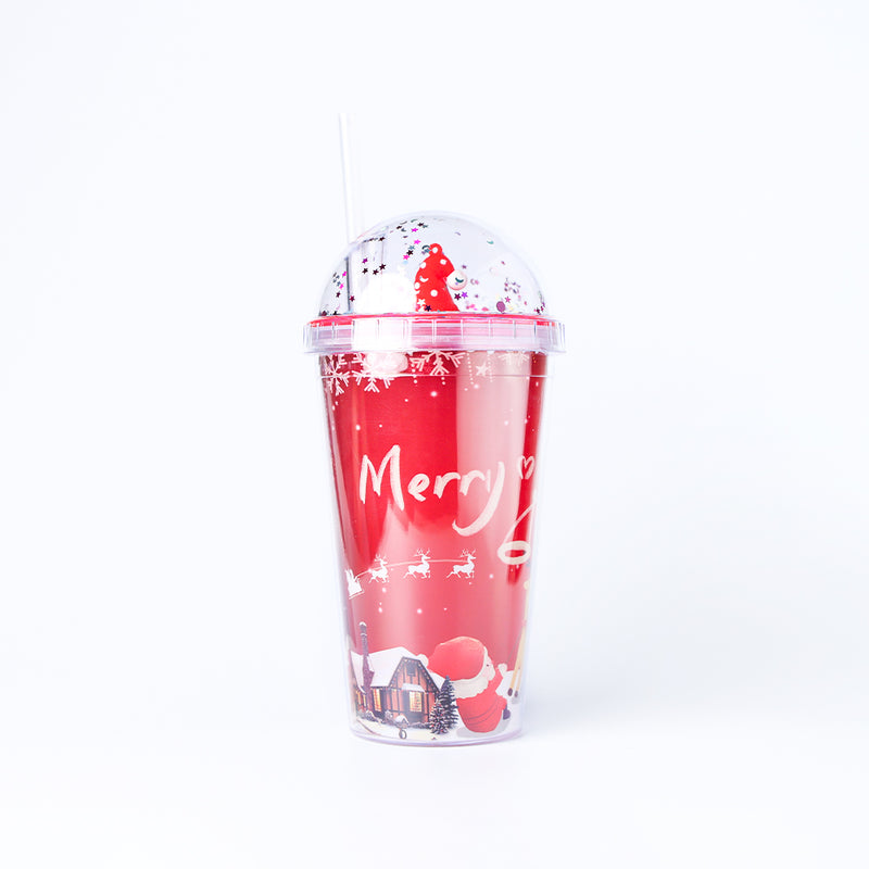 Mumuso Christmas Plastic Tumbler With Dome Lid  & Straw (Chirstmas Hat/450 ML)