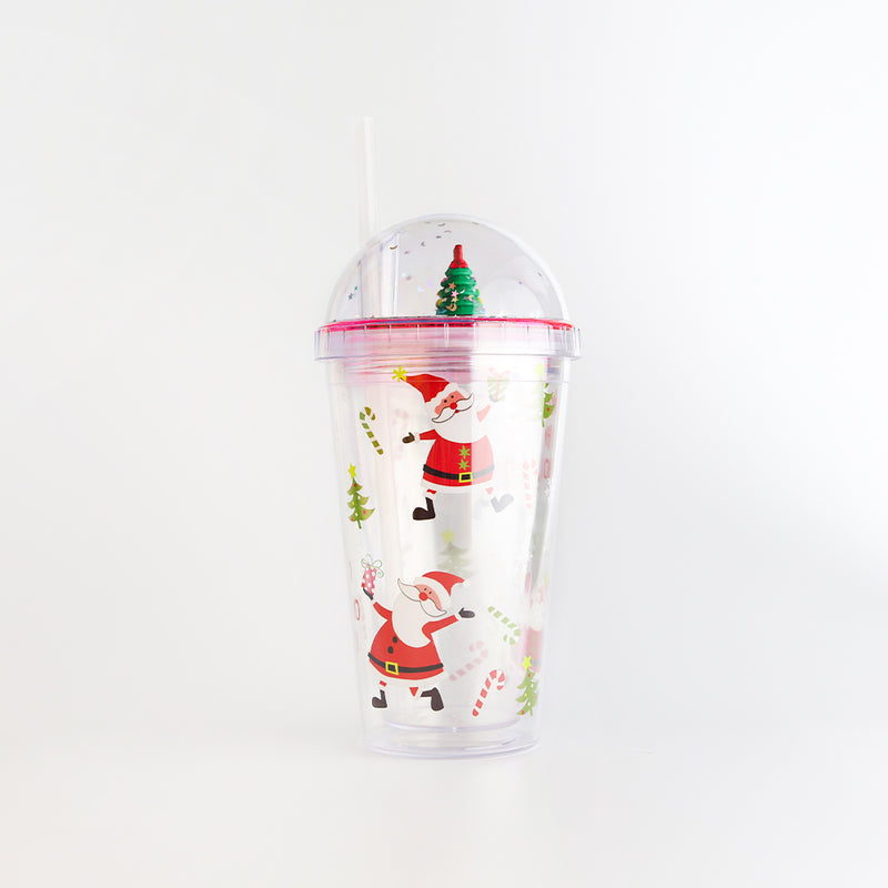 Mumuso Christmas Plastic Tumbler With Dome Lid  & Straw (Christmas Tree/450 ML)