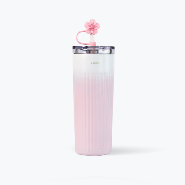 Mumuso Ribbed Insulated Tumbler With Straw (Cherry Blossom Collection/Pink/500 ml)