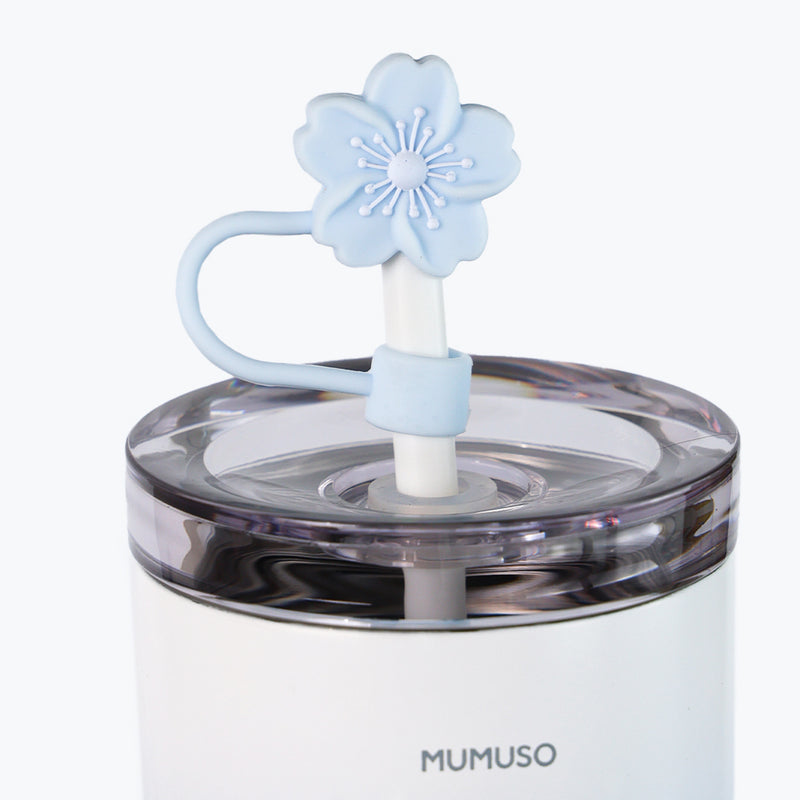 Mumuso Ribbed Insulated Tumbler With Straw (Cherry Blossom Collection/Blue/500 ml)