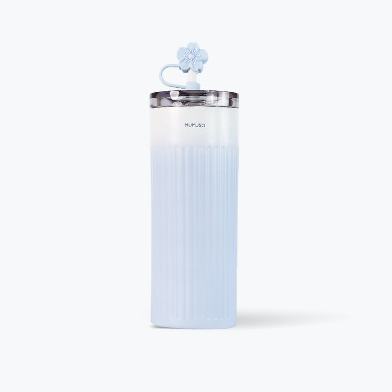 Mumuso Ribbed Insulated Tumbler With Straw (Cherry Blossom Collection/Blue/500 ml)