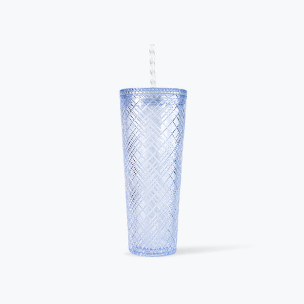 Mumuso Plaid Plastic Tumbler With Straw (Cherry Blossom Collection/Blue/740 ml)