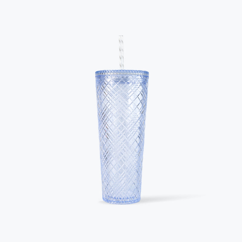 Mumuso Plaid Plastic Tumbler With Straw (Cherry Blossom Collection/Blue/740 ml)