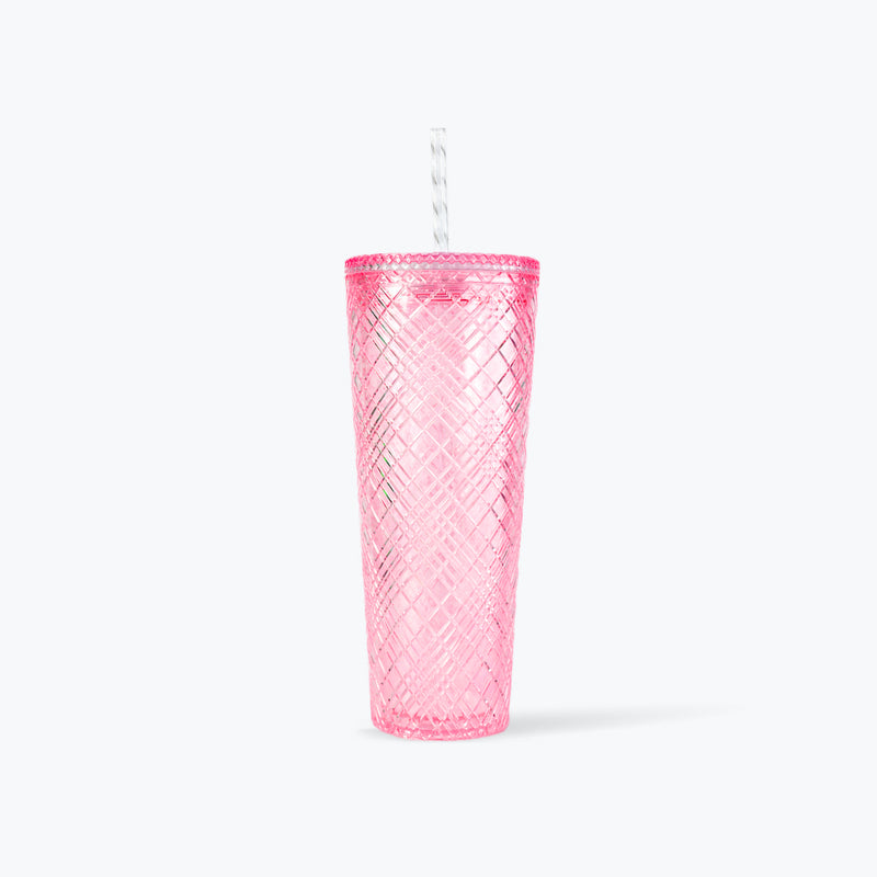 Mumuso Plaid Plastic Tumbler With Straw (Cherry  Blossom Collection/Pink/740 ml)