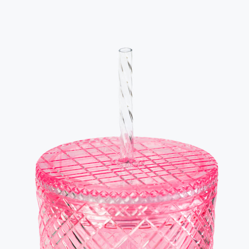 Mumuso Plaid Plastic Tumbler With Straw (Cherry  Blossom Collection/Pink/740 ml)