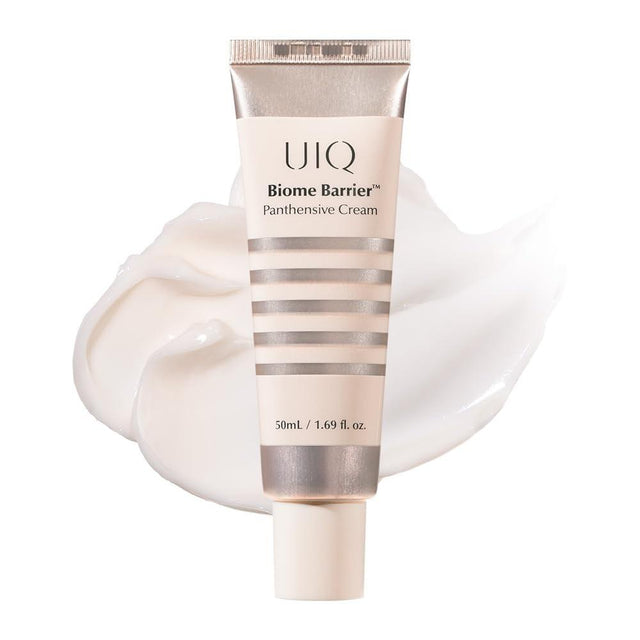 UIQ Biome Barrier Panthensive Cream 50 ml tube over a white cream swatch