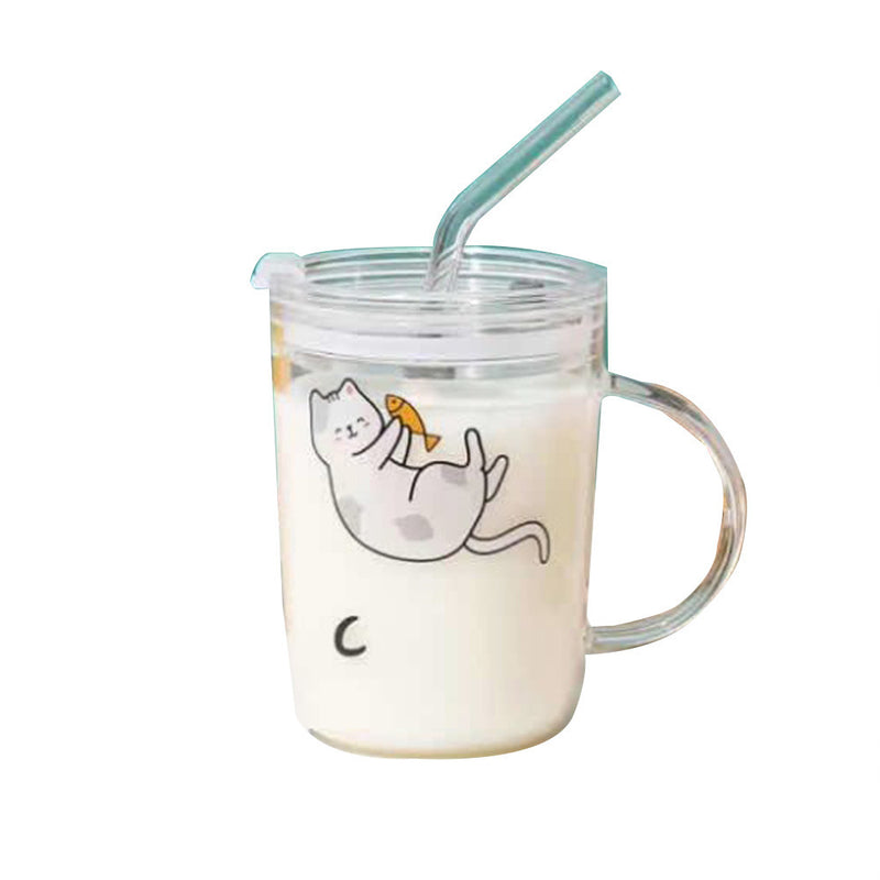 Mumuso Transparent Glass Cup With Cat Design And Lid Cover