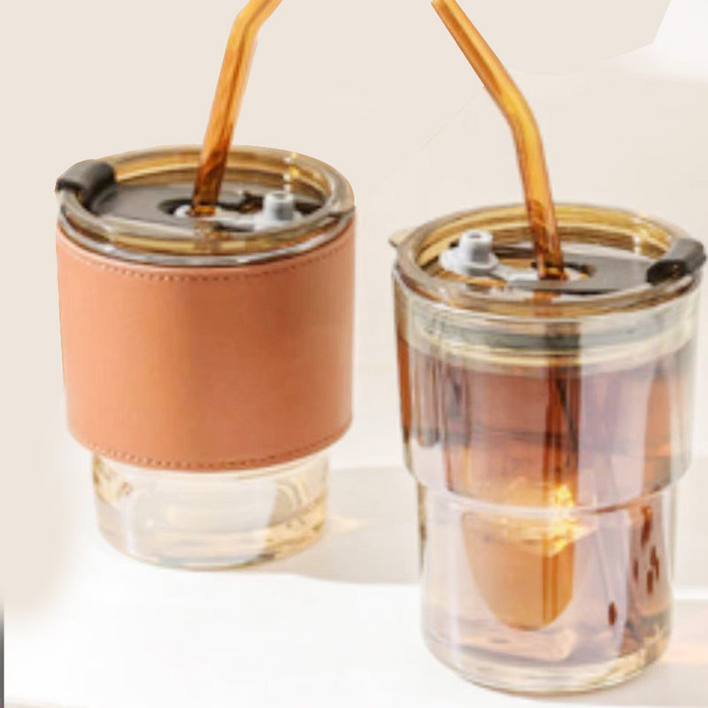 Mumuso Glass Tumbler With Lid And Straw And Leather Sleeve